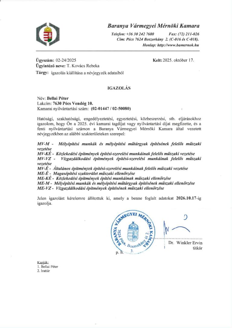 Bellai Péter oklevele – BME Mérnöktovábbképző Intézet
