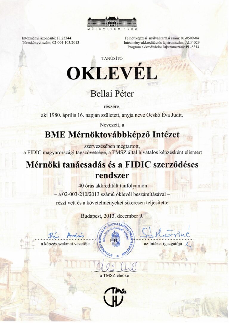 BMiroda műszaki ellenörzés, kivitelezés Bellai mérnöki iroda oklevél 2